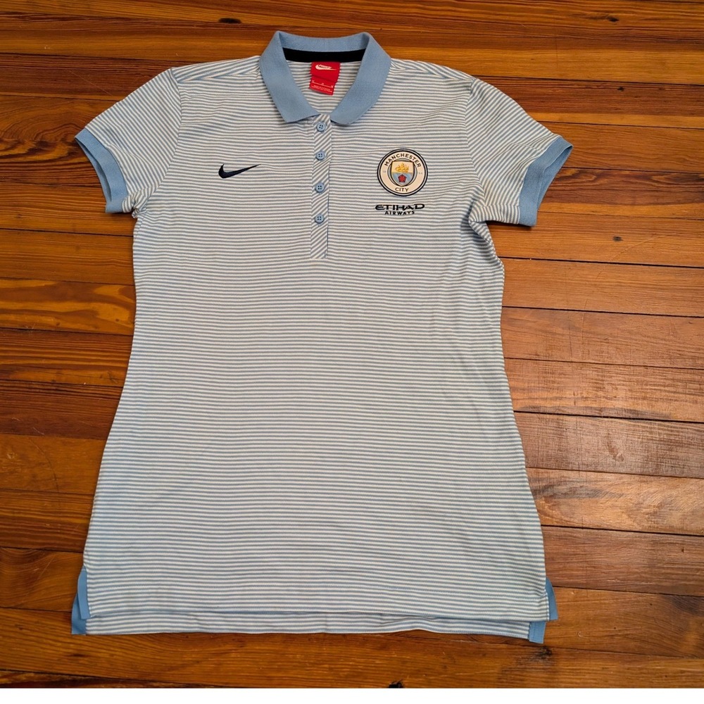 Nike Manchester City FC Polo Shirt Men's Medium Blue Stripe Etihad Airways